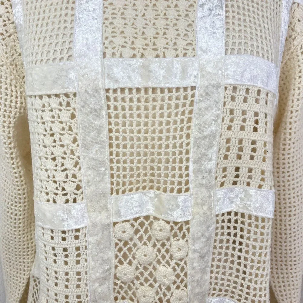 Otto Ivory Crochet Velvet Patchwork Top Large Long Sleeves Romantic Boho Whimsy